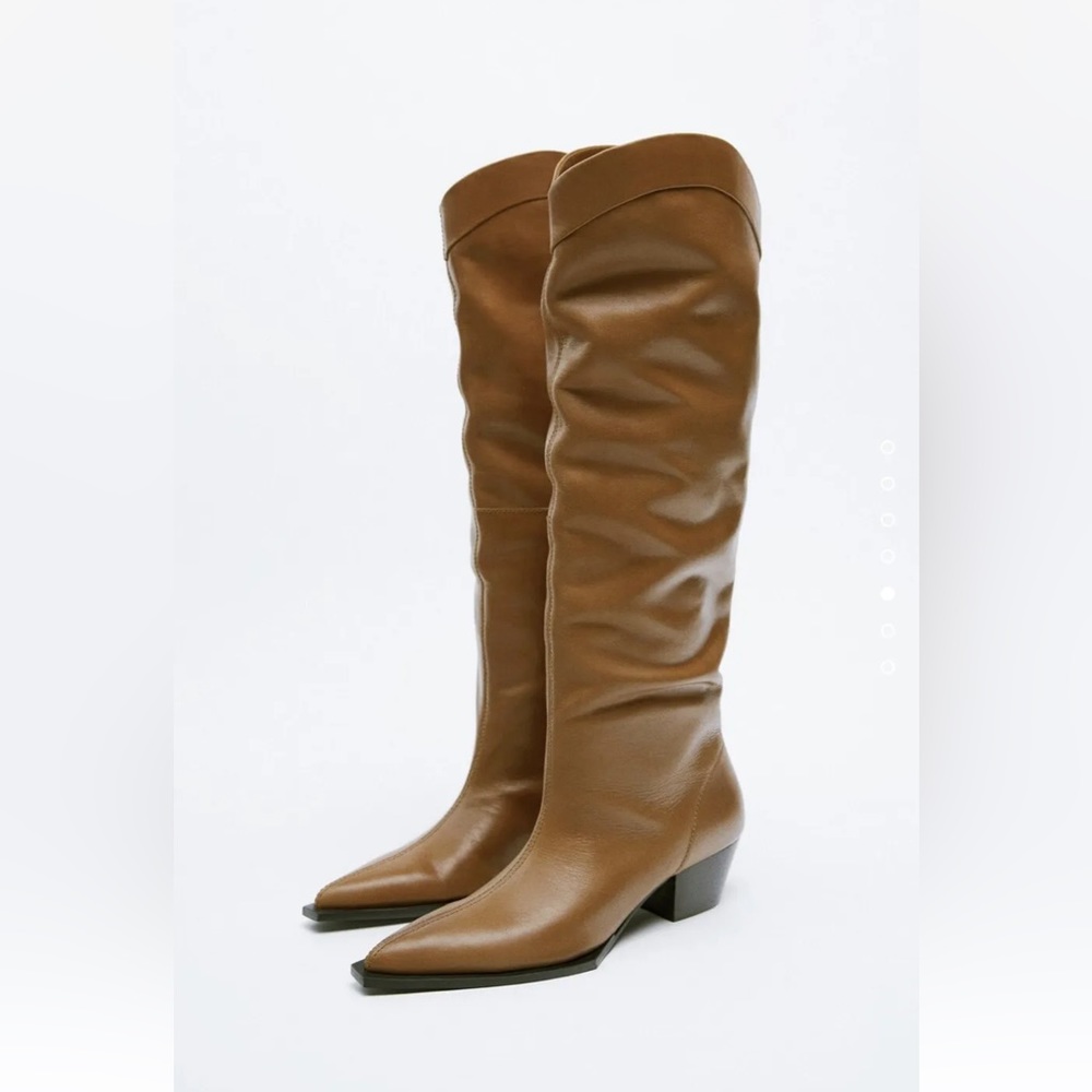 ZARA Knee-High Leather Boots Western Cowboy Brown Tan 39 8 Trendy
